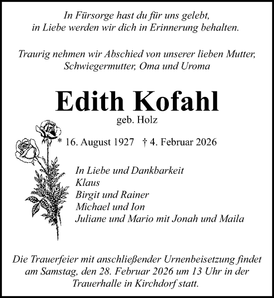 Traueranzeige von Edith Kofahl von Ostsee-Zeitung GmbH