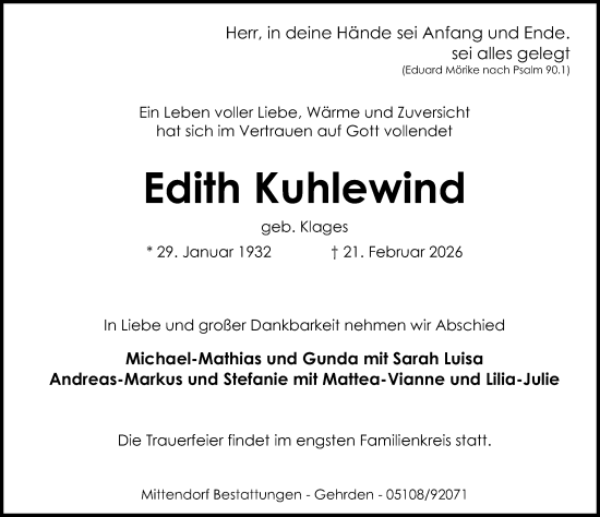 Traueranzeige von Edith Kuhlewind von Hannoversche Allgemeine Zeitung/Neue Presse