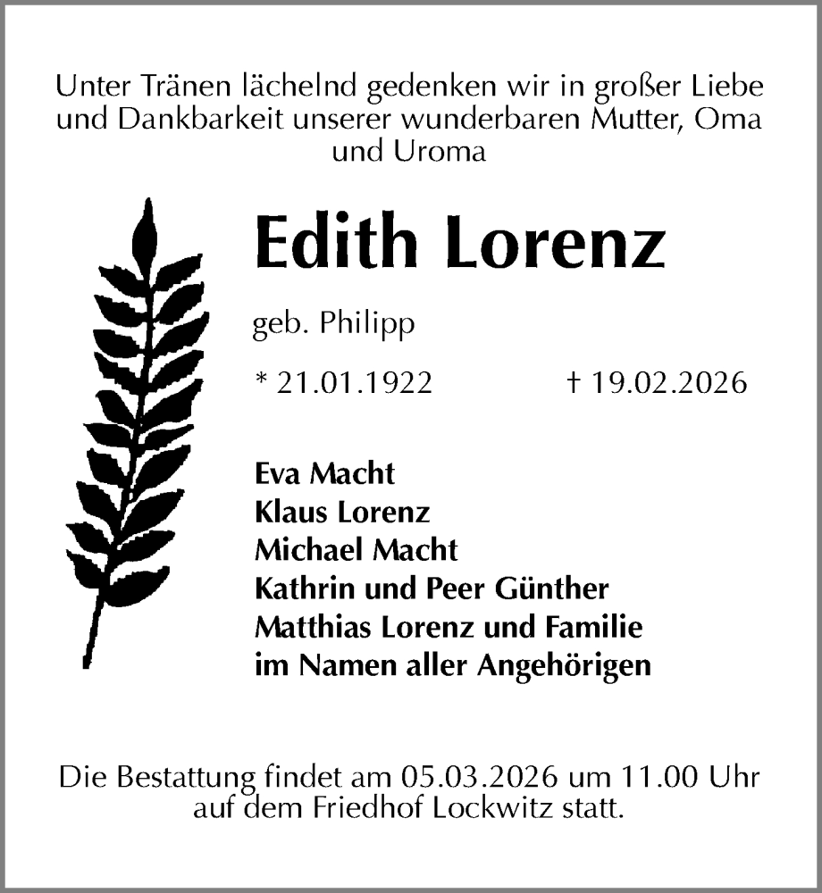  Traueranzeige für Edith Lorenz vom 28.02.2026 aus Sächsische Zeitung