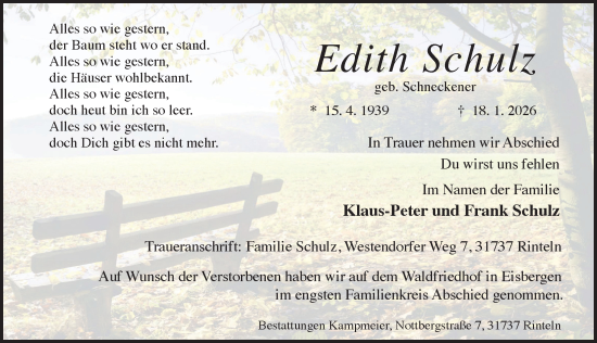 Traueranzeige von Edith Schulz von Schaumburger Nachrichten und Schaumburger Zeitung/ Landes-Zeitung