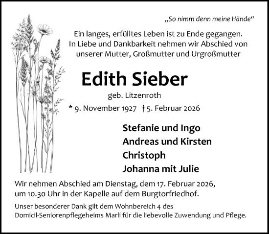 Traueranzeige von Edith Sieber von Lübecker Nachrichten