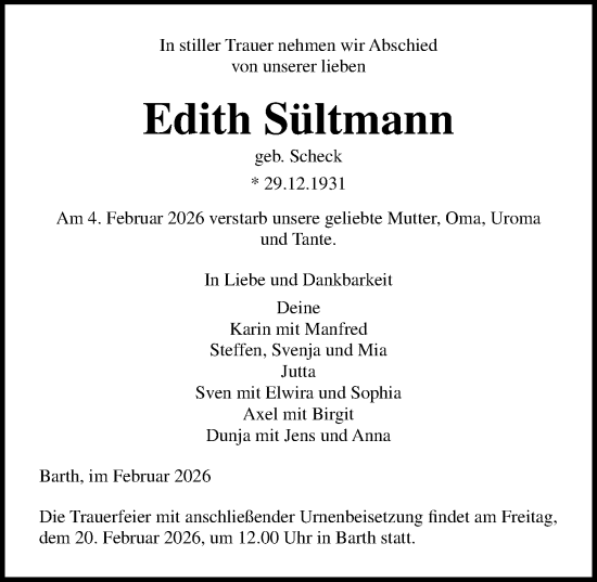 Traueranzeige von Edith Sültmann von Ostsee-Zeitung GmbH