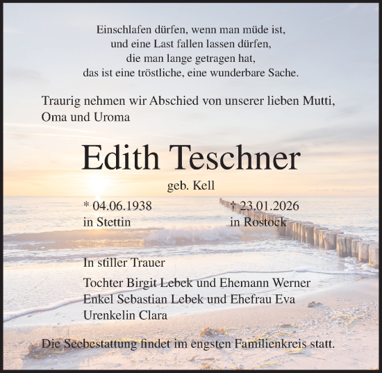 Traueranzeige von Edith Teschner von Ostsee-Zeitung GmbH