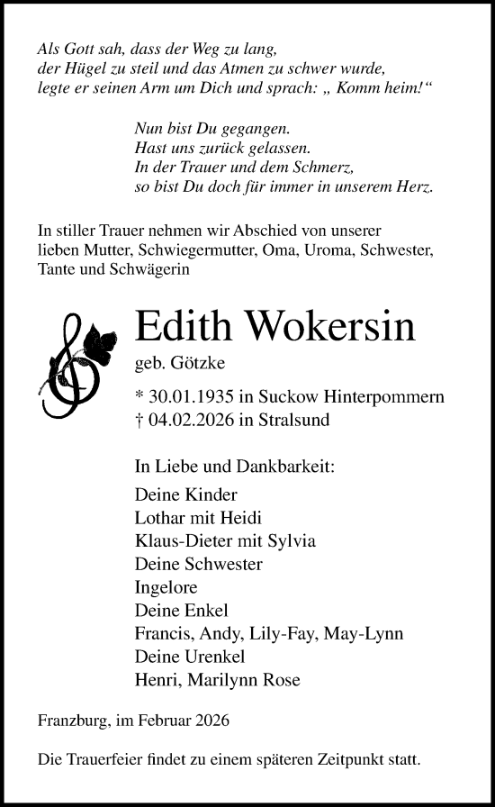Traueranzeige von Edith Wokersin von Ostsee-Zeitung GmbH