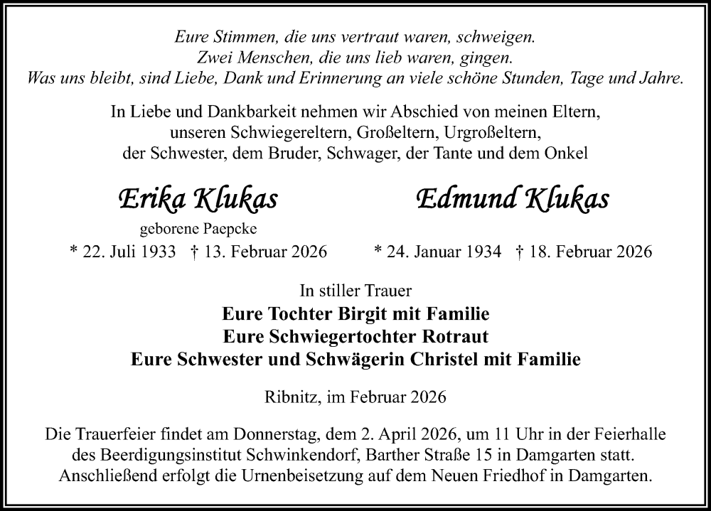  Traueranzeige für Edmund Klukas vom 28.02.2026 aus Ostsee-Zeitung GmbH