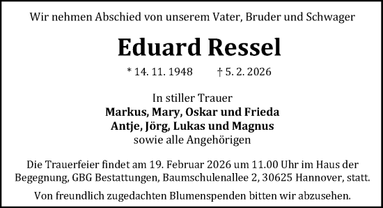 Traueranzeige von Eduard Ressel von Hannoversche Allgemeine Zeitung/Neue Presse