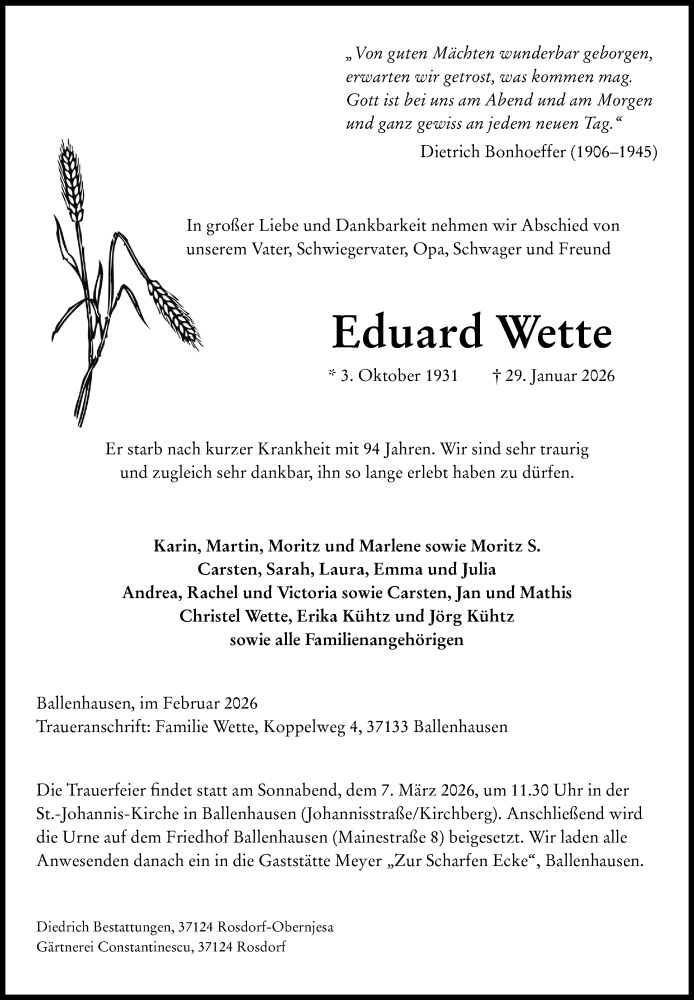  Traueranzeige für Eduard Wette vom 07.02.2026 aus Göttinger Tageblatt