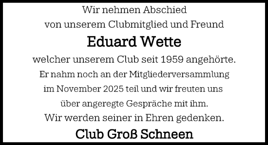 Traueranzeige von Eduard Wette von Göttinger Tageblatt