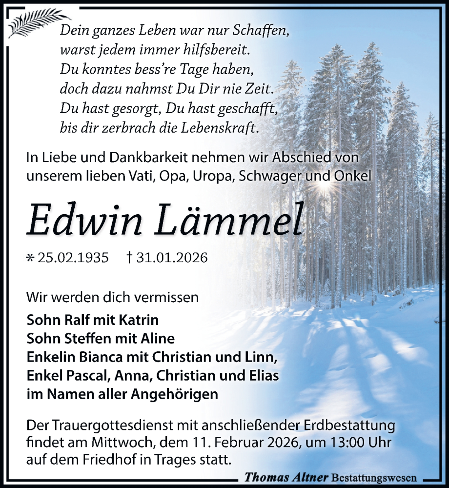  Traueranzeige für Edwin Lämmel vom 07.02.2026 aus Leipziger Volkszeitung