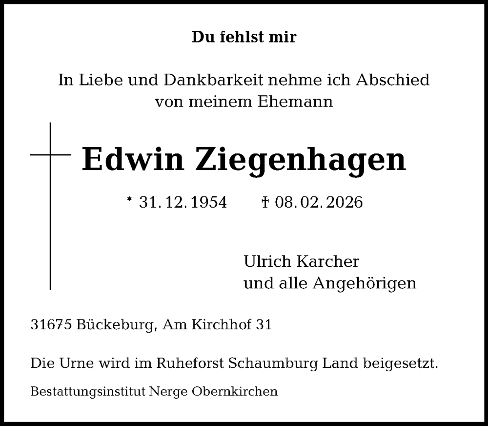  Traueranzeige für Edwin Ziegenhagen vom 14.02.2026 aus Schaumburger Nachrichten und Schaumburger Zeitung/ Landes-Zeitung