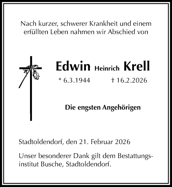 Traueranzeige von Edwin Heinrich Krell von Täglicher Anzeiger Holzminden