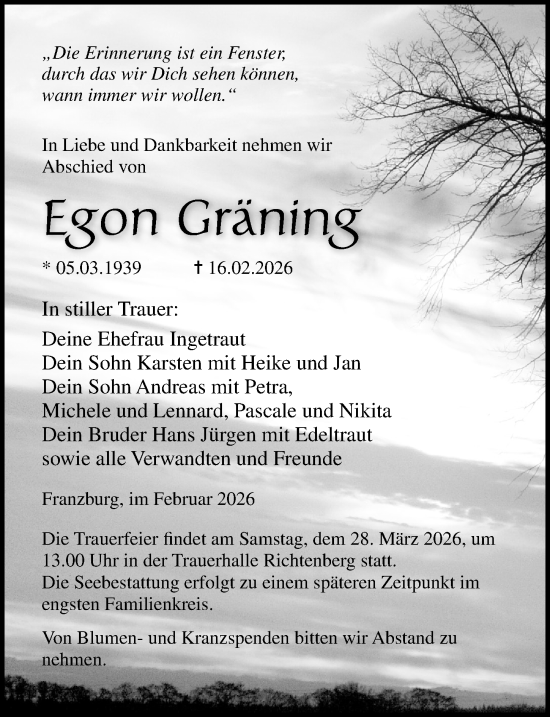 Traueranzeige von Egon Gräning von Ostsee-Zeitung GmbH