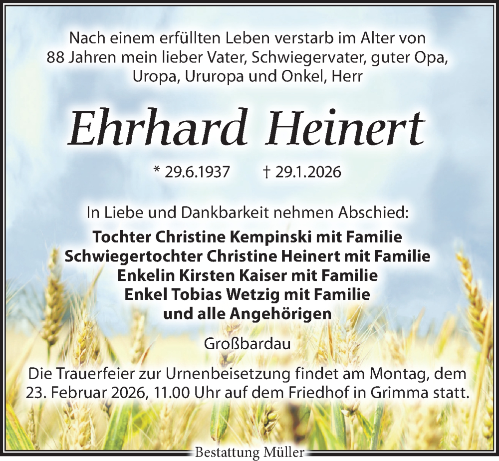  Traueranzeige für Ehrhard Heinert vom 07.02.2026 aus Leipziger Volkszeitung