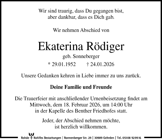 Traueranzeige von Ekaterina Rödiger von Hannoversche Allgemeine Zeitung/Neue Presse
