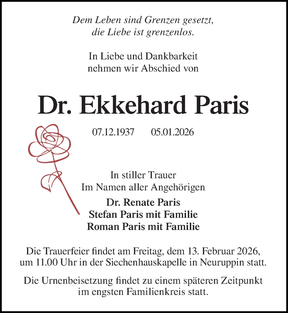 Traueranzeige für Ekkehard Paris vom 07.02.2026 aus Märkischen Allgemeine Zeitung