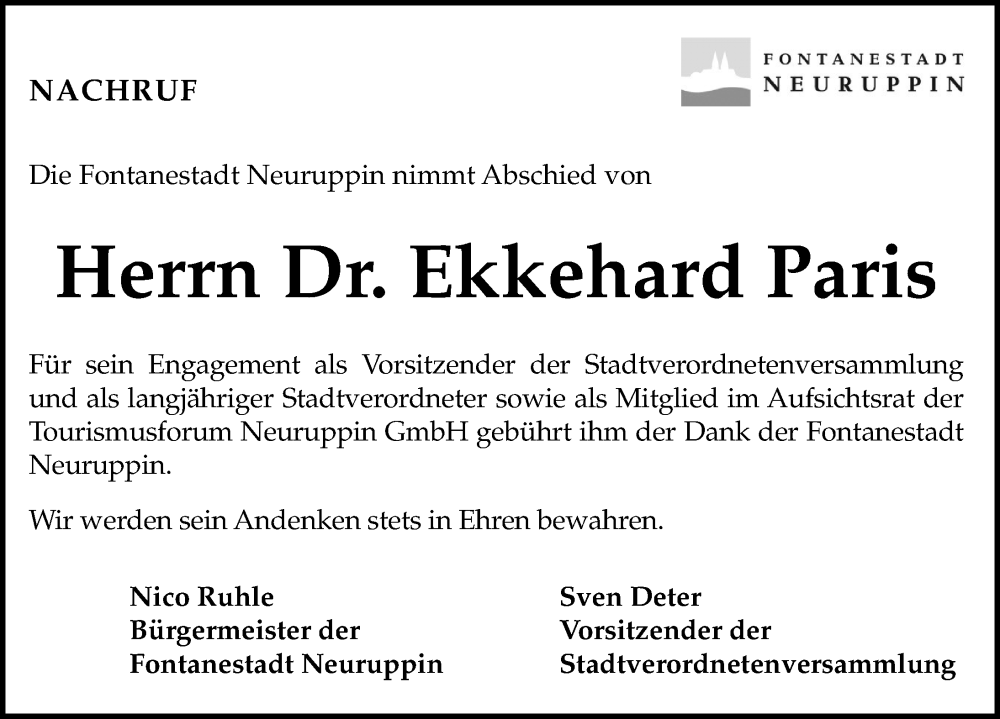  Traueranzeige für Ekkehard Paris vom 13.02.2026 aus Märkischen Allgemeine Zeitung