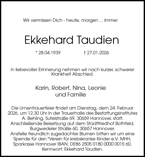 Traueranzeige von Ekkehard Taudien von Hannoversche Allgemeine Zeitung/Neue Presse