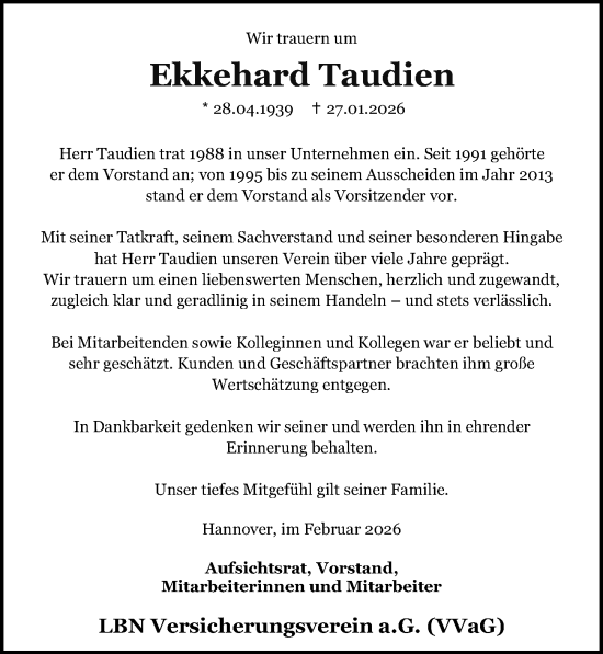 Traueranzeige von Ekkehard Taudien von Hannoversche Allgemeine Zeitung/Neue Presse