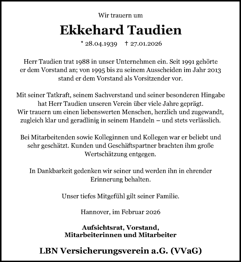  Traueranzeige für Ekkehard Taudien vom 14.02.2026 aus Hannoversche Allgemeine Zeitung/Neue Presse