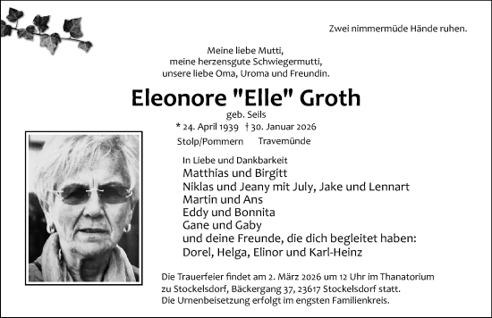 Traueranzeige von Eleonore Groth von Lübecker Nachrichten