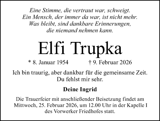Traueranzeige von Elfi Trupka von Lübecker Nachrichten