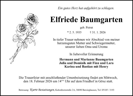 Traueranzeige von Elfriede Baumgarten von Hannoversche Allgemeine Zeitung/Neue Presse