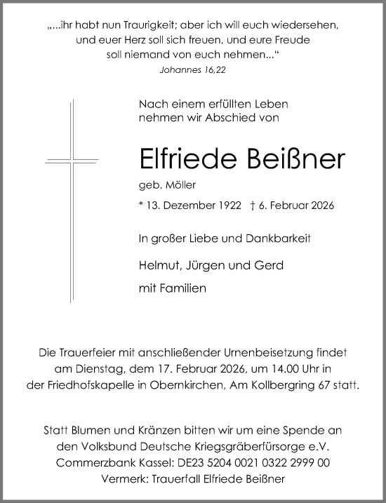 Traueranzeige von Elfriede Beißner von Schaumburger Nachrichten
