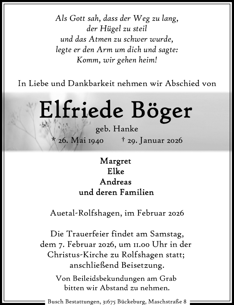  Traueranzeige für Elfriede Böger vom 05.02.2026 aus Schaumburger Nachrichten