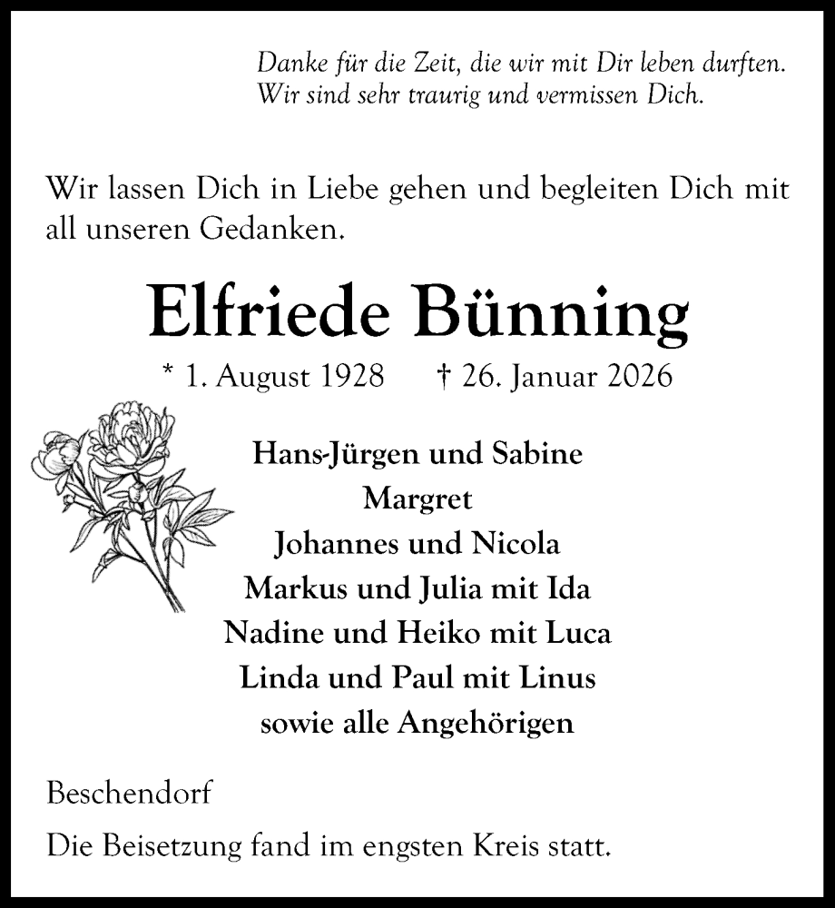  Traueranzeige für Elfriede Bünning vom 14.02.2026 aus Lübecker Nachrichten