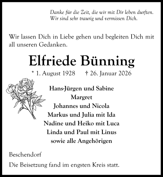 Traueranzeige von Elfriede Bünning von Lübecker Nachrichten