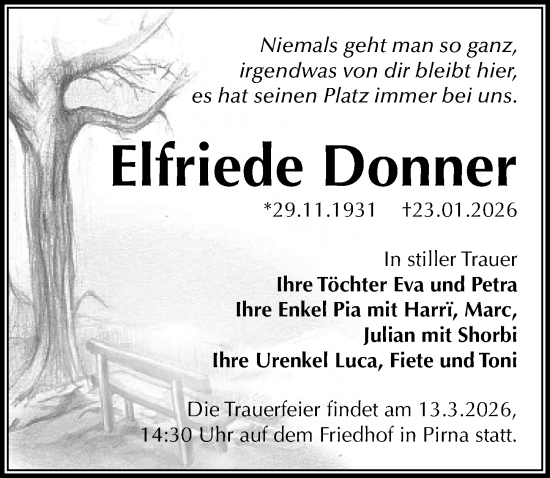 Traueranzeige von Elfriede Donner von Sächsische Zeitung
