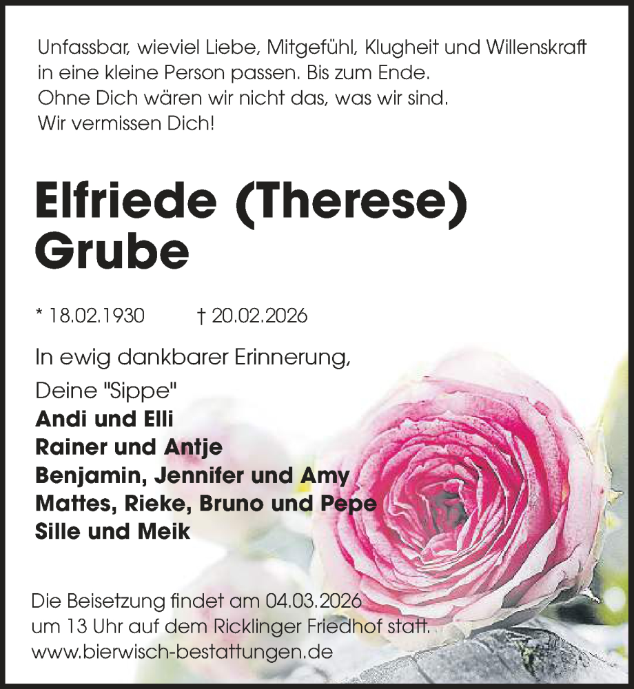  Traueranzeige für Elfriede Grube vom 28.02.2026 aus Hannoversche Allgemeine Zeitung/Neue Presse