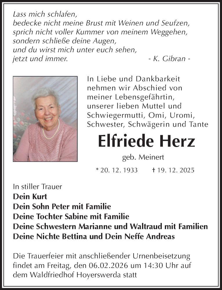  Traueranzeige für Elfriede Herz vom 24.01.2026 aus Sächsische Zeitung