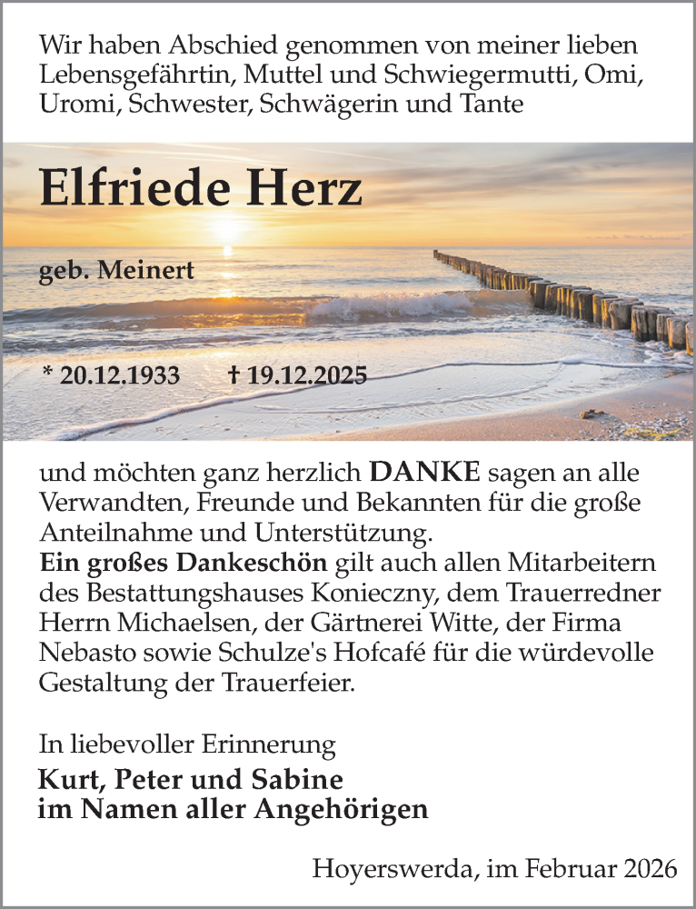  Traueranzeige für Elfriede Herz vom 21.02.2026 aus Sächsische Zeitung
