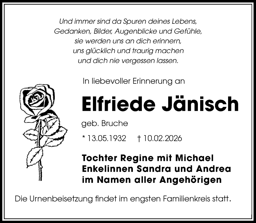  Traueranzeige für Elfriede Jänisch vom 21.02.2026 aus Sächsische Zeitung
