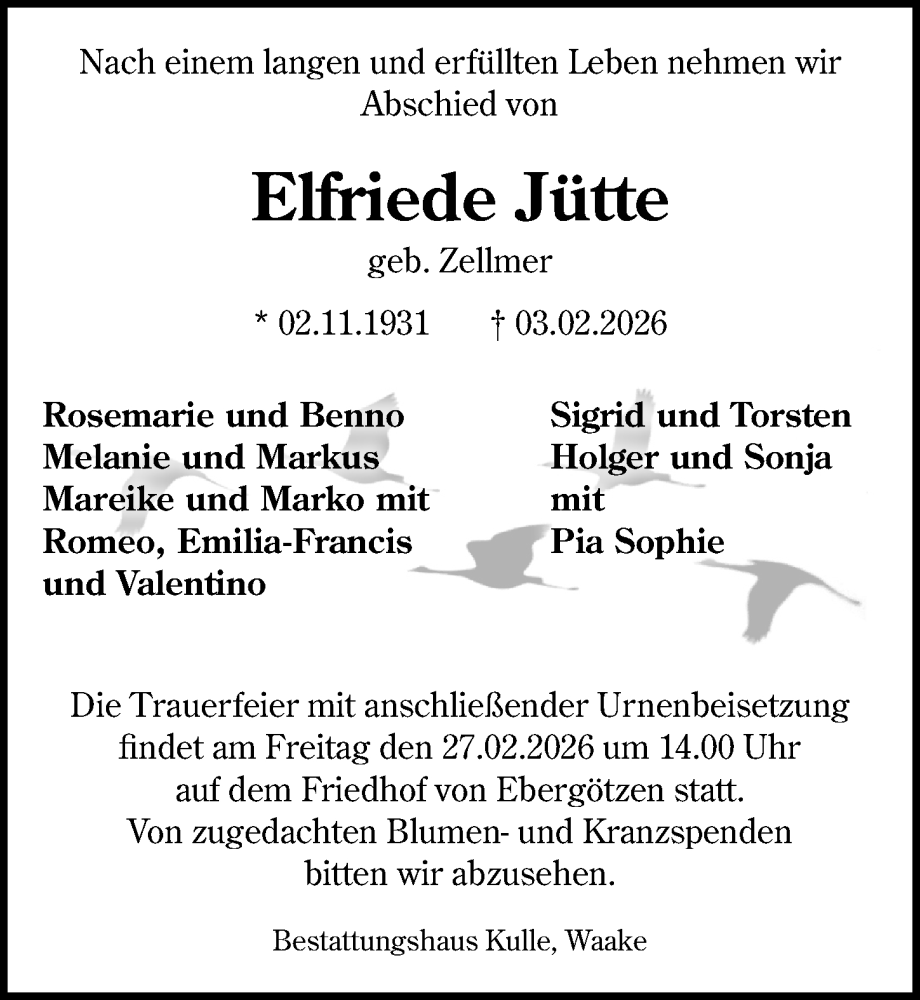  Traueranzeige für Elfriede Jütte vom 21.02.2026 aus Göttinger Tageblatt