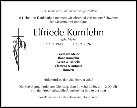 Traueranzeige von Elfriede Kumlehn von Täglicher Anzeiger Holzminden