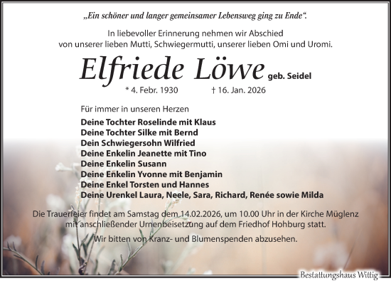 Traueranzeige von Elfriede Löwe von Leipziger Volkszeitung