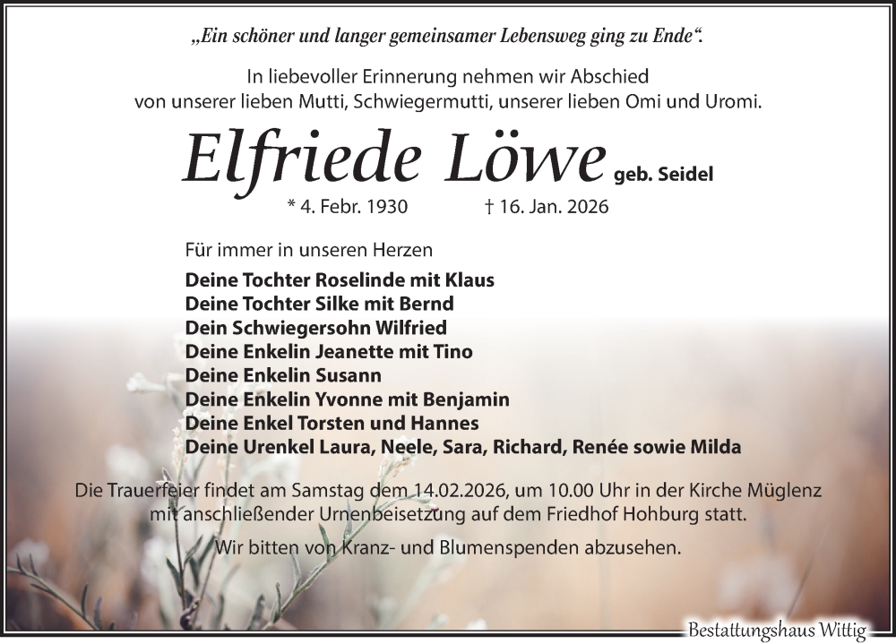  Traueranzeige für Elfriede Löwe vom 07.02.2026 aus Leipziger Volkszeitung