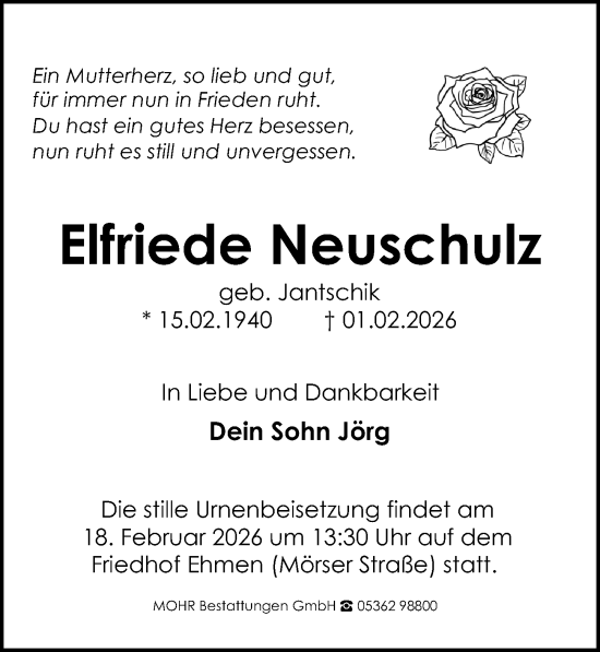 Traueranzeige von Elfriede Neuschulz von Aller Zeitung