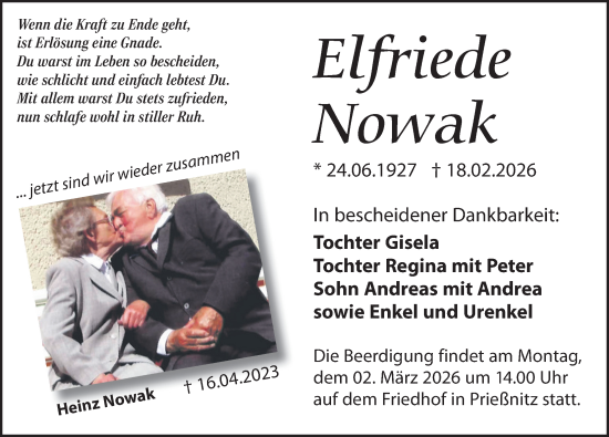 Traueranzeige von Elfriede Nowak von Leipziger Volkszeitung