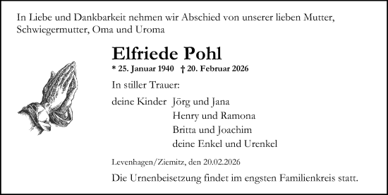 Traueranzeige von Elfriede Pohl von Ostsee-Zeitung GmbH