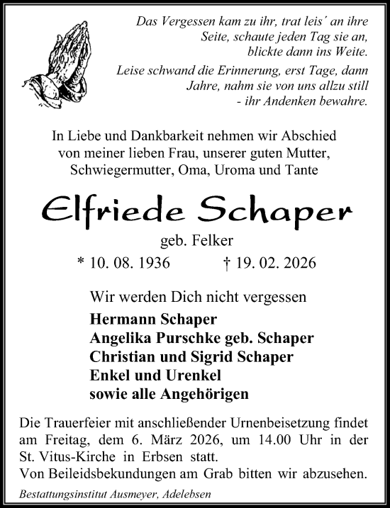 Traueranzeige von Elfriede Schaper von Göttinger Tageblatt