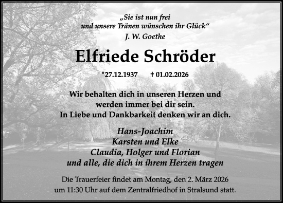 Traueranzeige von Elfriede Schröder von Ostsee-Zeitung GmbH