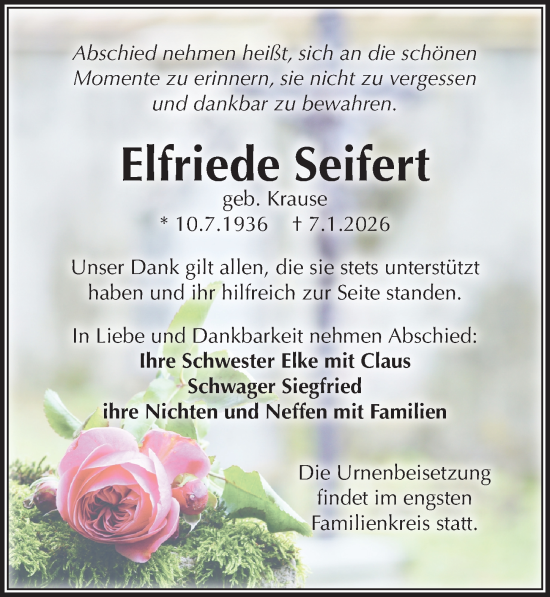 Traueranzeige von Elfriede Seifert von Sächsische Zeitung
