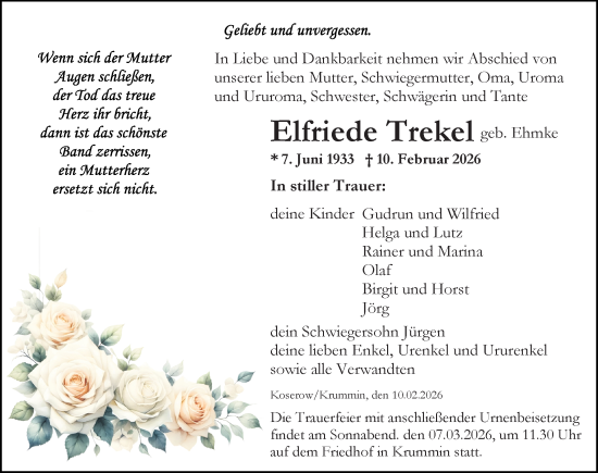 Traueranzeige von Elfriede Trekel von Ostsee-Zeitung GmbH