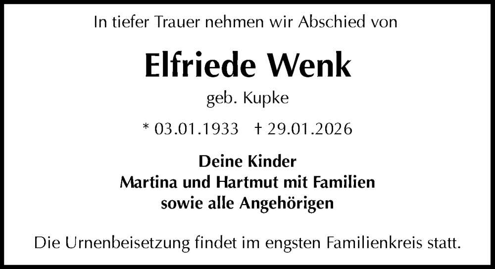  Traueranzeige für Elfriede Wenk vom 14.02.2026 aus Sächsische Zeitung