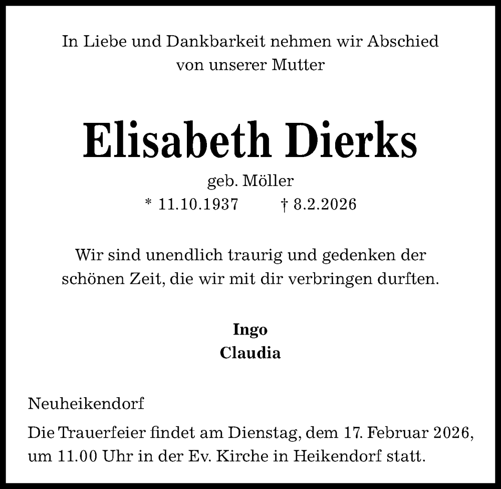  Traueranzeige für Elisabeth Dierks vom 14.02.2026 aus Kieler Nachrichten