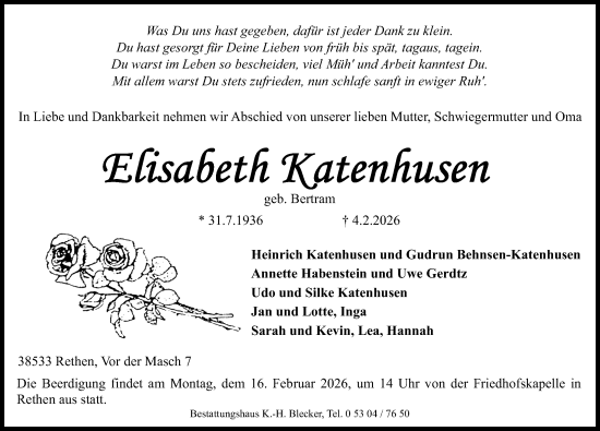 Traueranzeige von Elisabeth Katenhusen von Aller Zeitung