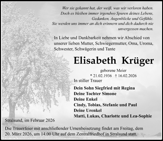 Traueranzeige von Elisabeth Krüger von Ostsee-Zeitung GmbH